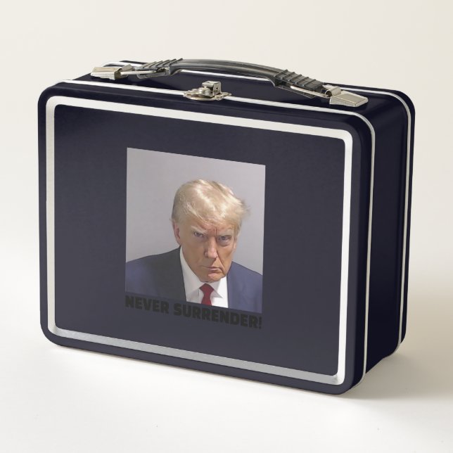 Donald J Trump Mug Shot - Never Surrender Long Sle Metal Lunch Box (Front)