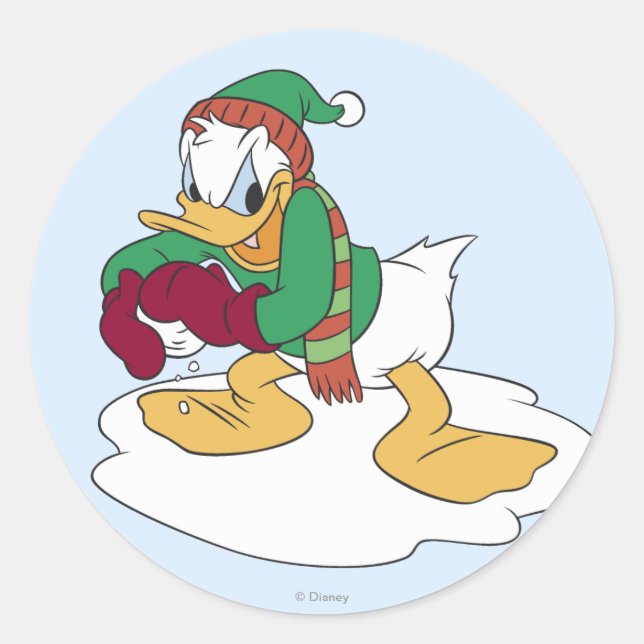 Donald Throwing a Snowball Classic Round Sticker (Front)