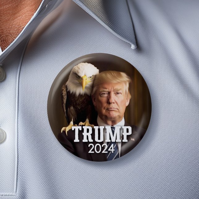 Donald Trump 2024 Photo - bald eagle on shoulder Button (Trump 2024 Button with Bald Eagle)
