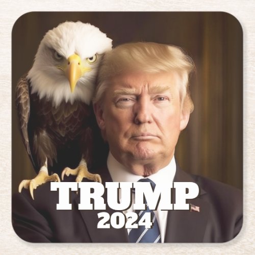 Donald Trump 2024 Photo _ bald eagle on shoulder Square Paper Coaster