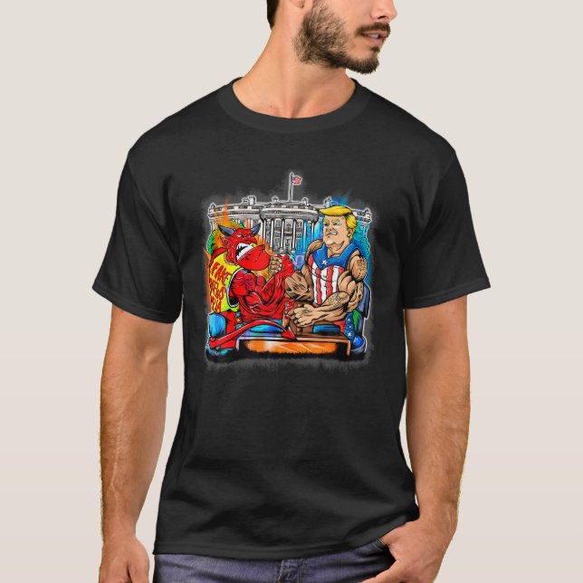 Donald Trump Arm Wrestling Satan Fake News Media G T-Shirt (Front)