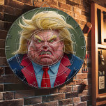 Donald Trump Face Angry Cartoon Dart Board<br><div class="desc">A circular dartboard featuring a caricature of a man with blonde hair and an angry expression. The mans face fills the entire board, and his eyes are wide with green pupils. He is wearing a suit and tie, and his mouth is open in a yell. Picture of Donald Trump Dart...</div>