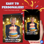 DONALD TRUMP HUMOROUS  BIRTHDAY CARD<br><div class="desc">Celebrate big with this bold and fun birthday card! Featuring a lively image of "The Donald" holding a cake overflowing with candles, this card brings a touch of humor and personality to any birthday celebration. With "YUGE Birthday Wishes" and a confident "Only the BEST for you!" message, it’s sure to...</div>