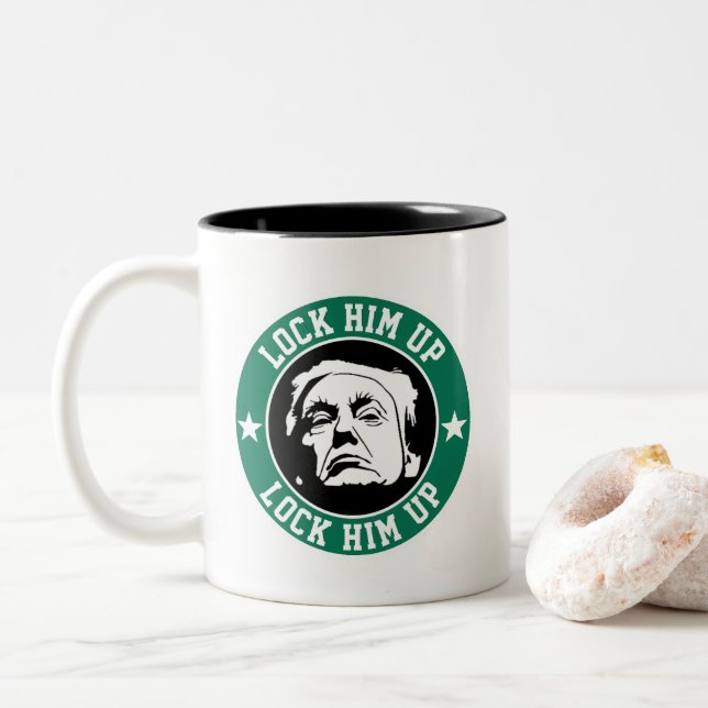 Donald Trump Lock Him Up Two-Tone Coffee Mug (With Donut)