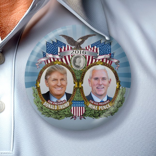 Donald Trump & Mike Pence Jugate Photo Blue Design Pinback Button (Collectible Campaign Button - 2016 Election Trump Pence)