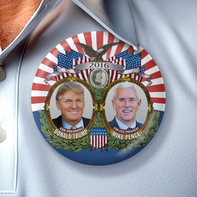 Donald Trump & Mike Pence Jugate Photo Red Blue Button (Collectible Campaign Button - 2016 Election Trump Pence)