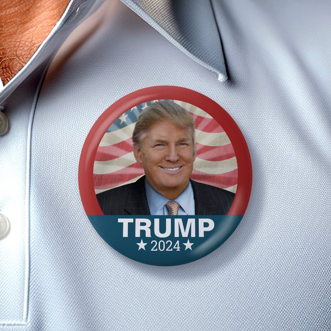 Donald Trump Photo - President 2024 American Flag Button (Trump 2024 Button - Great Campaign and Rally button for the Next Election)