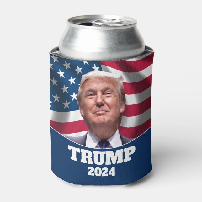 Donald Trump Photo with American Flag 2024 Can Cooler (Can Front)