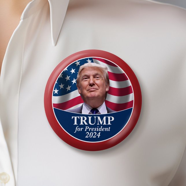 Donald Trump Photo with American Flag red border Button (Trump 2024 Button)