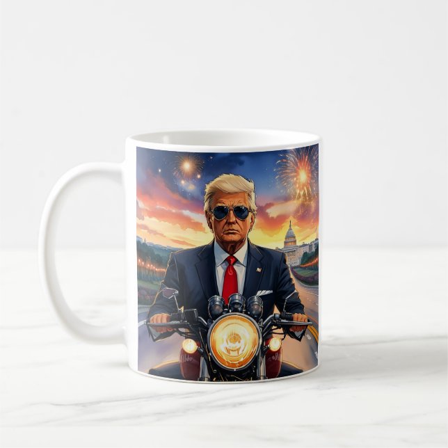 Donald Trump Riding Motorcycle US Capitol Firework Coffee Mug (Left)