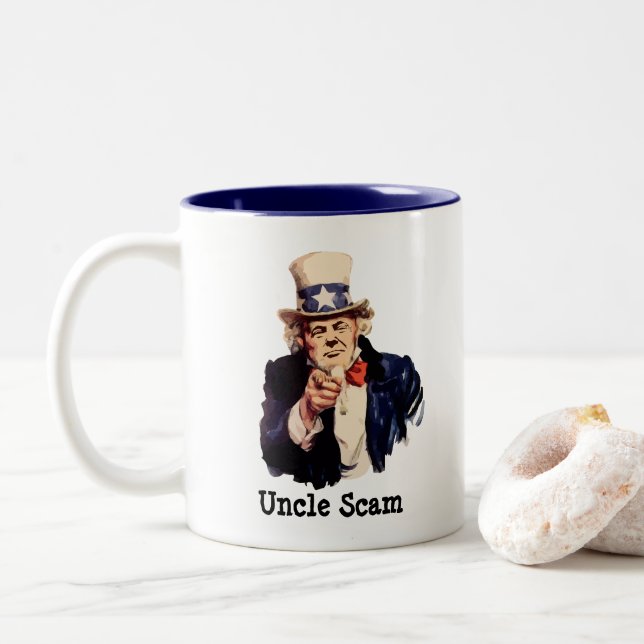 Donald Trump Uncle Scam Two-Tone Coffee Mug (With Donut)