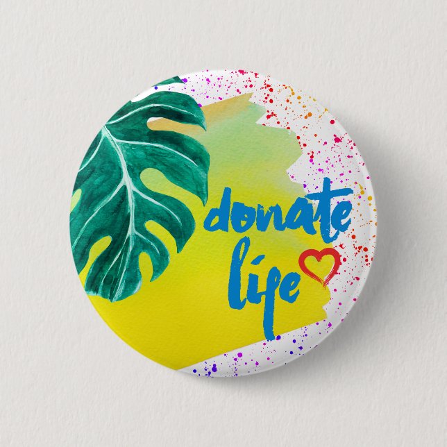 Donate Life Tropical Yellow Watercolor Pinback Button (Front)