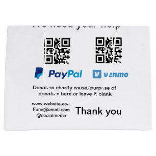 Donation Collection tip jar add your q r name caus Large Gift Bag