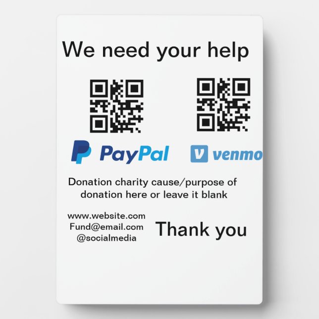 Donation Collection tip jar add your q r name caus Plaque (Front)