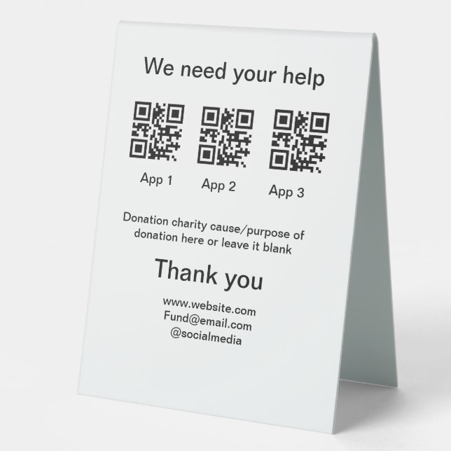 Donation Collection tip jar add your q r name caus Table Tent (Front)