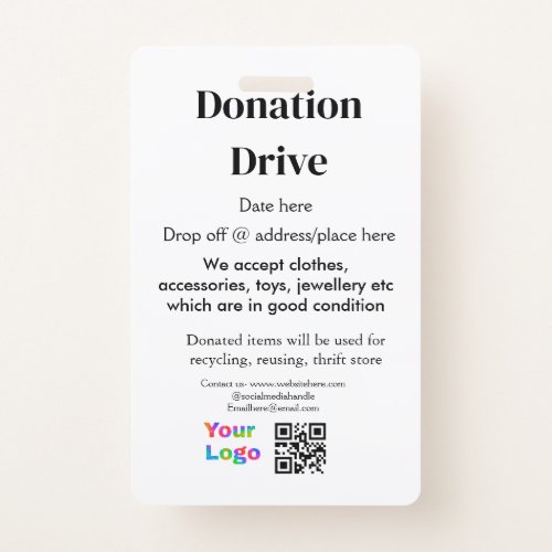 Donation drive add address date business name logo badge