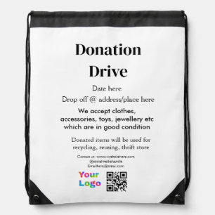 Donation drive add address date business name logo drawstring bag