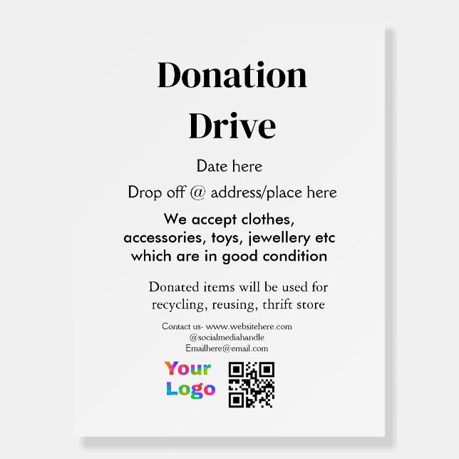 Donation drive add address date business name logo foam board (Front)