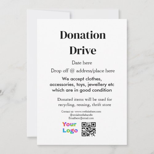 Donation drive add address date business name logo invitation