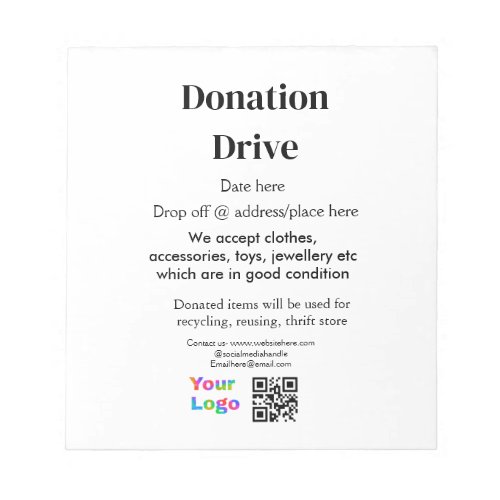 Donation drive add address date business name logo notepad