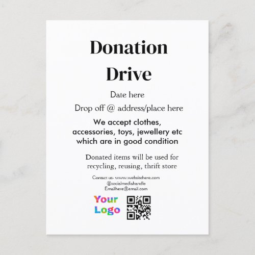 Donation drive add address date business name logo postcard