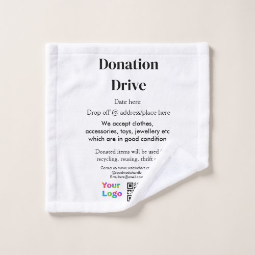 Donation drive add address date business name logo wash cloth