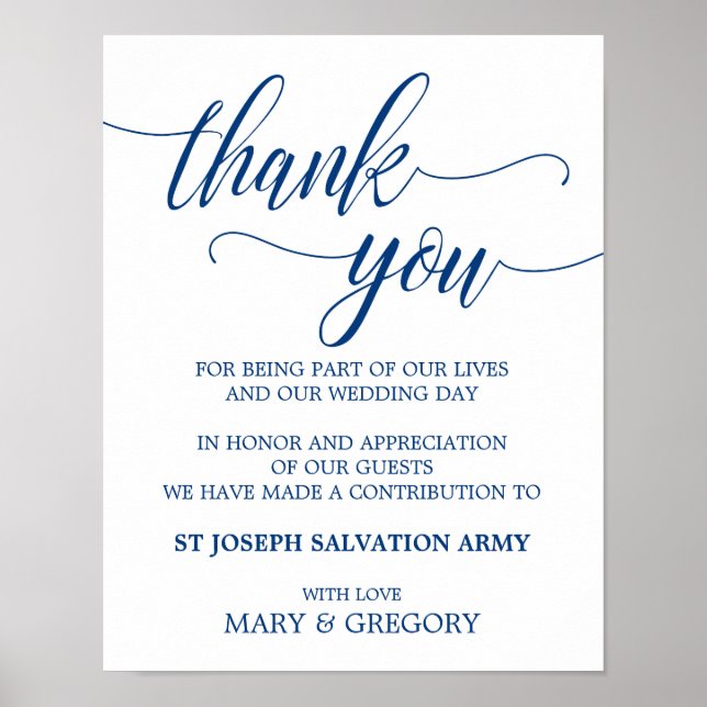 Donation Wedding Sign in Navy Blue Calligraphy (Front)