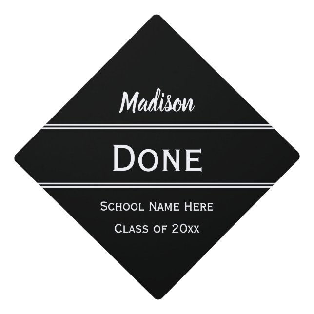 Done Black and White Grad Name  School Name & Year Graduation Cap Topper (Front)