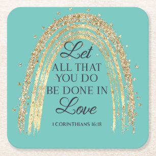 Done In Love Gold Rainbow  Square Paper Coaster