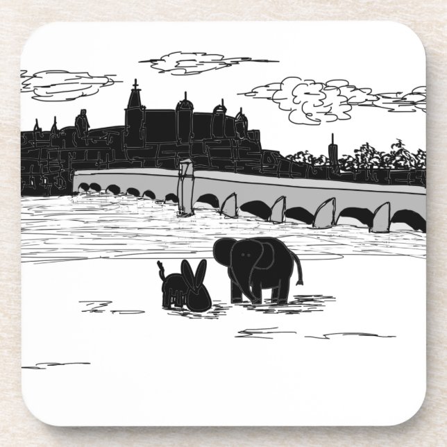 donkey and elephant in front of bridge beverage coaster (Front)