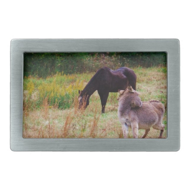 Donkey and horse in a Fall Field. Belt Buckle (Front)