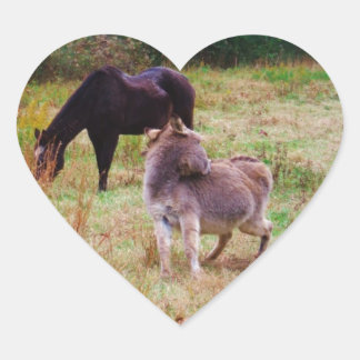 Donkey and horse in a Fall Field. Heart Sticker