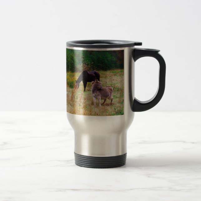 Donkey and horse in a Fall Field. Travel Mug (Right)