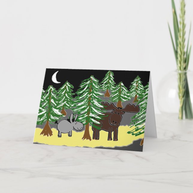 donkey and moose in snow holiday card (Front)