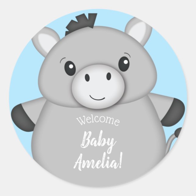 Donkey Baby Shower Blue Classic Round Sticker (Front)