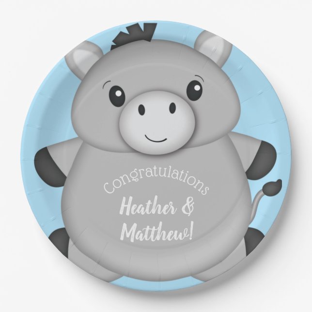 Donkey Baby Shower Blue Paper Plates (Front)
