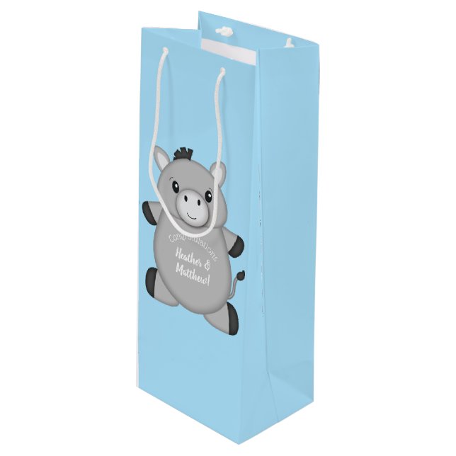 Donkey Baby Shower Blue Wine Gift Bag (Front Angled)