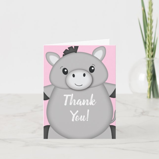 Donkey Baby Shower Pink Thank You Card (Front)