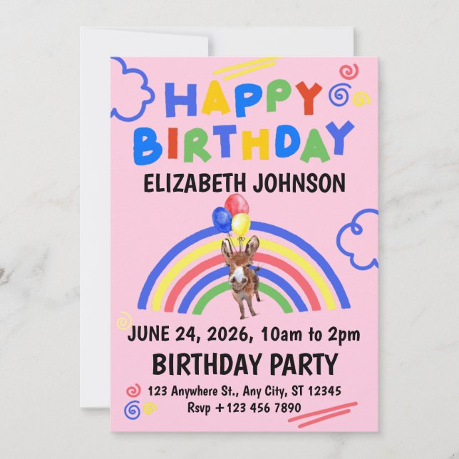 Donkey Birthday Invitation in Pink (Front)