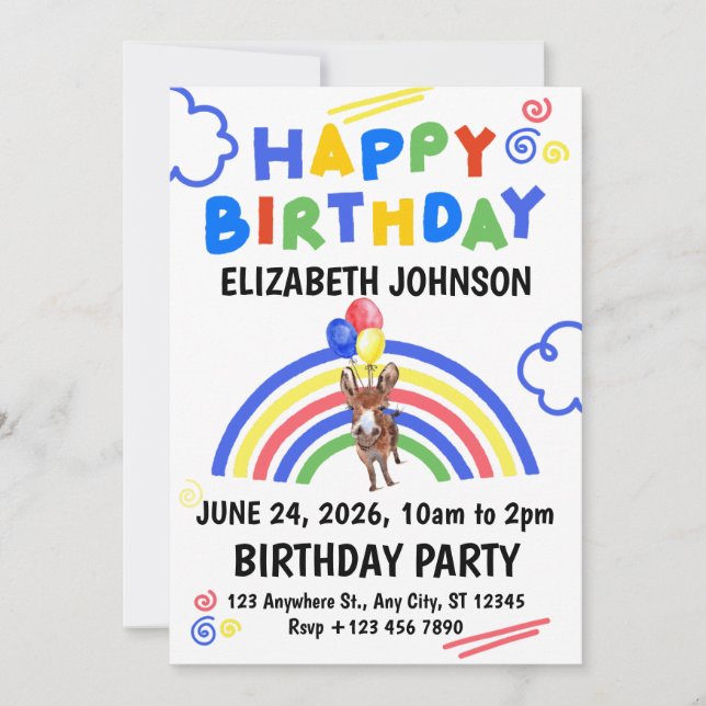 Donkey Birthday Invitation White (Front)