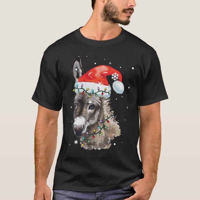 Donkey Christmas Color Lights Santa Hat Donkey T-Shirt (Front)