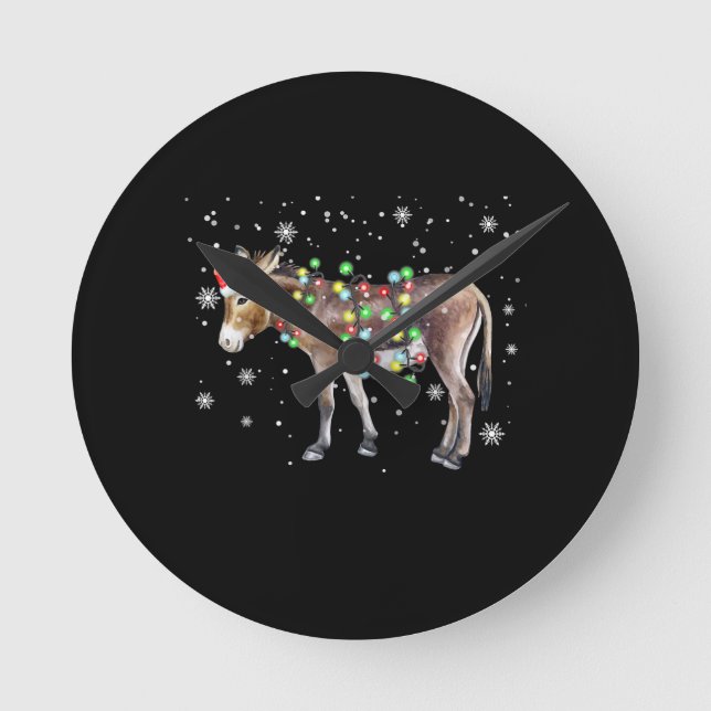 Donkey Christmas Lights Color  | Santa Donkey Gift Round Clock (Front)