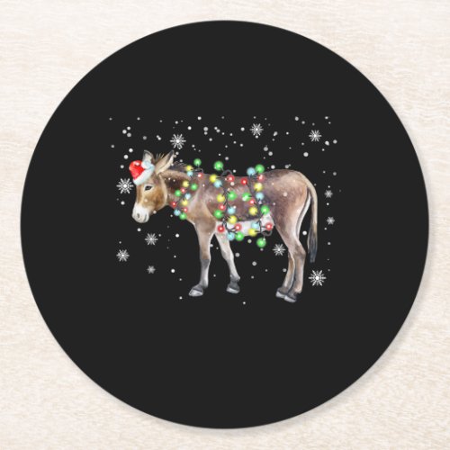 Donkey Christmas Lights Color   Santa Donkey Gift Round Paper Coaster