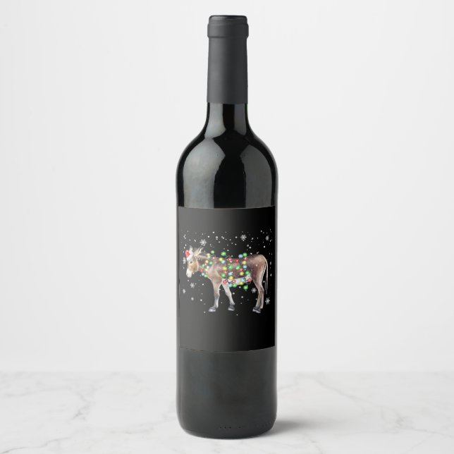 Donkey Christmas Lights Color  | Santa Donkey Gift Wine Label (Front)