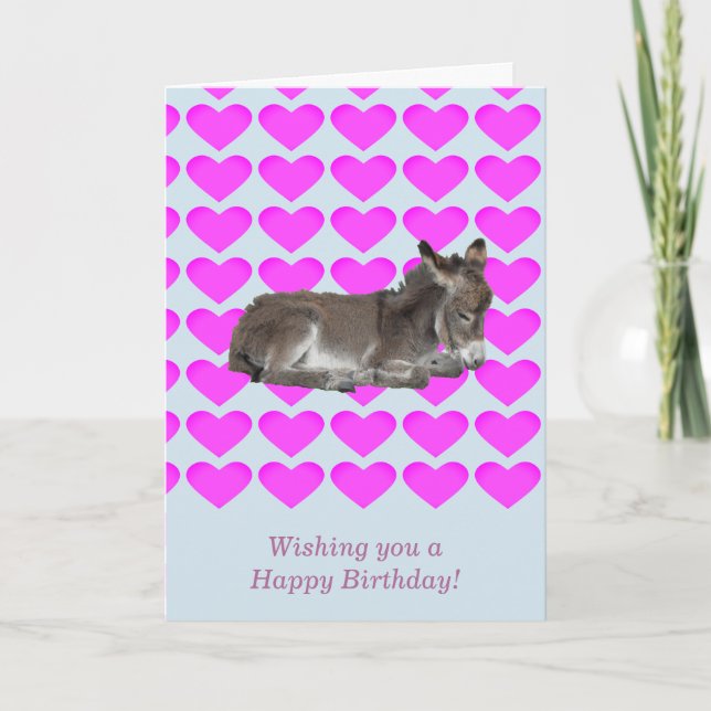 Donkey foal on pink hearts card (Front)