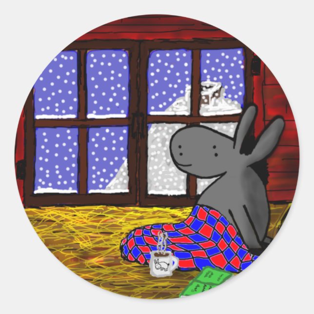 donkey looks at the snow classic round sticker (Front)