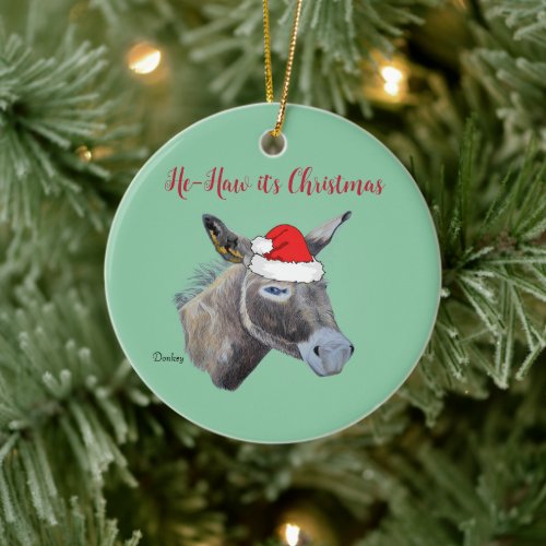 Donkey Love wearing a Santa Hat     Ceramic Ornament