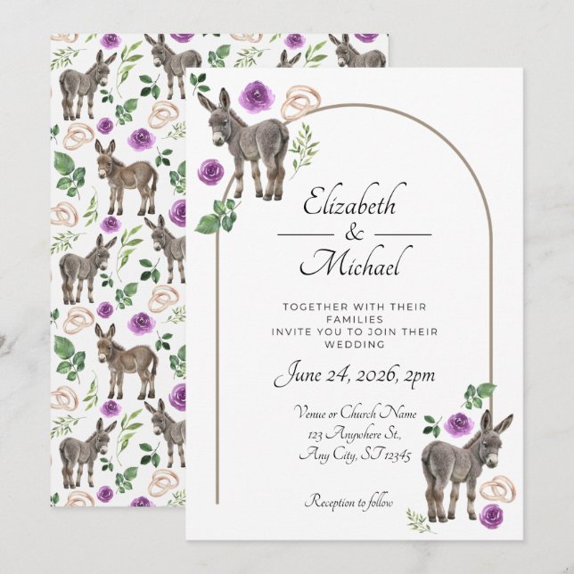 Donkey Purple Floral Rustic Wedding Invitation (Front/Back)
