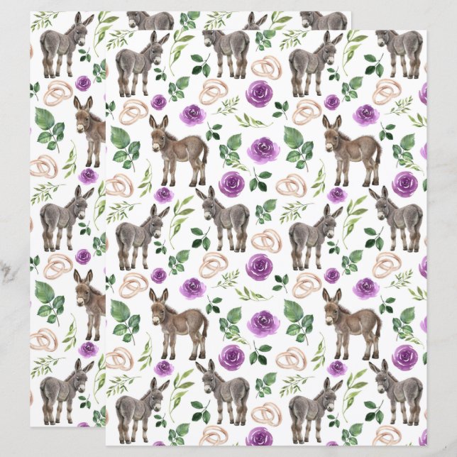 Donkey Purple Floral Wedding Scrapbook Paper (Front/Back)