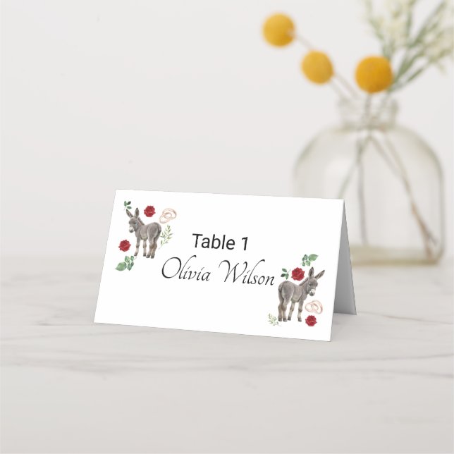 Donkey Red Floral Rustic Wedding Place Card (Front)